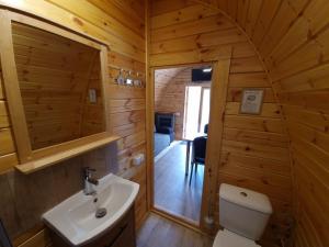 a bathroom with a toilet and a sink in a log cabin at 02 Premium Camping Pod "Langeneß" in Silberstedt