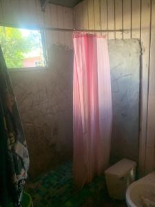 a bathroom with a pink shower curtain and a toilet at Good home in Codrington Village