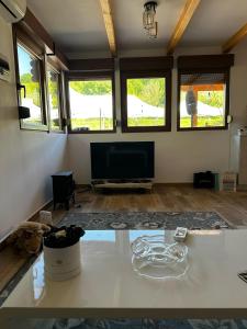a living room with a table and a flat screen tv at Casa ANE in Caransebeş