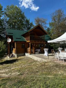 a log cabin with a green roof and a table and chairs at Casa ANE in Caransebeş