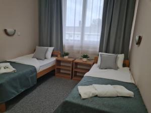 two beds in a small room with a window at Garni hotel Alma in Pirot
