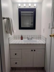 a bathroom with a white sink and a mirror at Ashwood monthly in Courtenay
