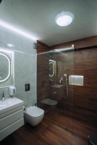 a bathroom with a shower and a toilet and a sink at Villa Dislievski in Ohrid