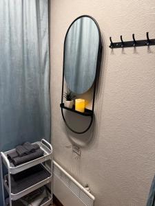 a bathroom with a mirror and a shower curtain at Andsuuria Apartment in Paide
