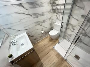 a bathroom with a shower and a toilet and a sink at Apartamentos Los 5 Sentidos in Grado +104 photos