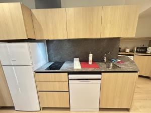 a kitchen with a white refrigerator and a sink at Apartamentos Los 5 Sentidos in Grado