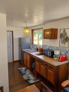a kitchen with a counter top and a refrigerator at Le coin des Maripas in Quesnel