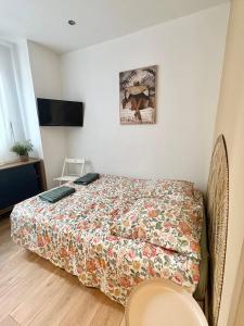 a bedroom with a bed with a floral bedspread at Coudert l Petit studio côté rue l Rez-de-chaussée en Hypercentre & climatisé in Castres