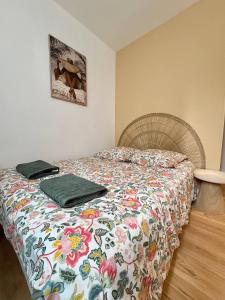 a bedroom with a bed with a floral comforter at Coudert l Petit studio côté rue l Rez-de-chaussée en Hypercentre & climatisé in Castres +1 photo