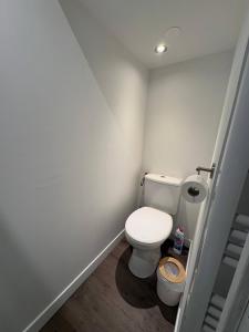 a bathroom with a white toilet in a room at Coudert l Petit studio côté rue l Rez-de-chaussée en Hypercentre & climatisé in Castres