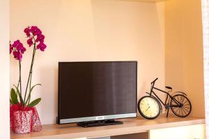 a television sitting on a shelf with flowers and a clock at Apartments Mistral in Lopar
