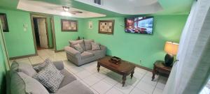a living room with a couch and a tv at Great location to explore Houston in Houston