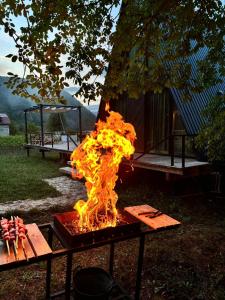 a fire pit in the middle of a yard at Rachuli blendi in Ambrolauri +19 photos