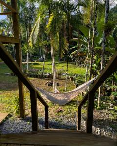 a hammock in a garden with palm trees at Morada do Sol Petar in Iporanga