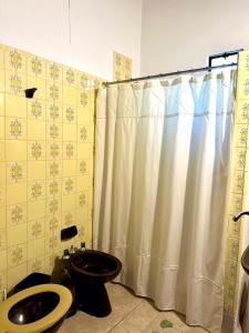 a bathroom with a toilet and a shower curtain at La Escondida de Tigre in Tigre +6 photos