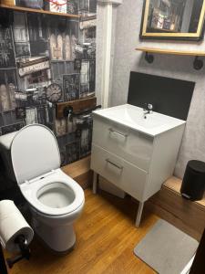 a bathroom with a white toilet and a sink at Logement avec clim - thé, café et choco dispo in Oye-Plage