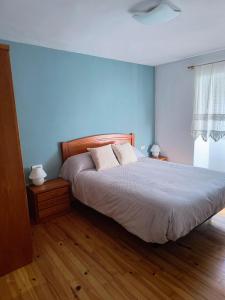 a bedroom with a bed with blue walls and wooden floors at Hostal Betelu in Betelu