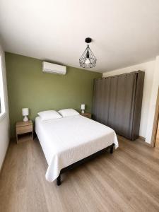 a bedroom with a white bed and a green wall at Villa Patja in Béziers +20 photos