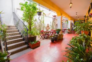 a patio with stairs and tables and potted plants at Posada Doña Luisa in Antigua Guatemala
