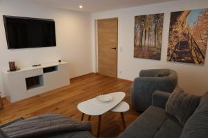 a living room with a couch and a tv at Ferienapartment Horn in Altendorf