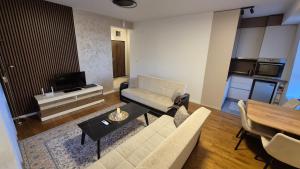 a living room with a couch and a table at Trebevic Skyline Apartman in Dovlići