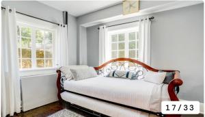 a bed in a room with two windows at Swimming Under The Stars In The Historical District in Lynchburg +30 photos