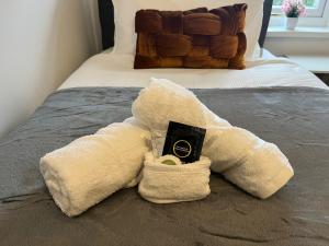 a stuffed animal is laying on a bed at Anglesey House in Burton upon Trent
