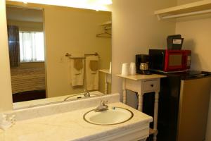 a bathroom with a sink and a large mirror at Red Wing Motel in Manitou Springs +176 photos