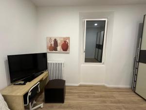 a living room with a flat screen tv and a mirror at Camera vicino Ospedale Maggiore, Concerti e Aeroporto Bologna 60 mq in Bologna