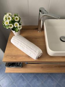 a vase of flowers on a counter next to a sink at Mary 's Home in Caserta