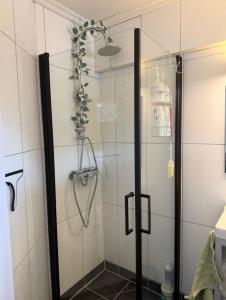 a shower with a glass door in a bathroom at Koselig leilighet in Flekkefjord