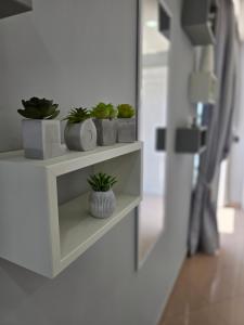 a white shelf with potted plants on a wall at Casa Quattro Cannelli in Pozzuoli
