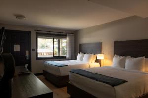 a hotel room with two beds and a window at Tofino Resort + Marina in Tofino