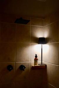 a lamp sitting on a shelf in a bathroom at De Schelde Beach Cottage in Wilderness +24 photos