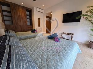 a bedroom with two beds and a flat screen tv at Private Suite, Walk to the Beach, Oceanview Rooftop Pool, WiFi StarLink in Puerto Morelos