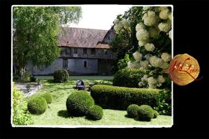a garden with bushes and a house in the background at Manoir de Livet in Saint-Germain-de-Livet