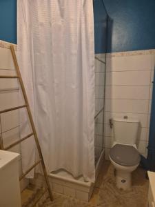 a bathroom with a toilet and a shower curtain at Residence le bounty in Sainte-Luce