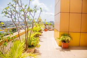 a balcony with plants and a yellow building at NI-FUR Hotel Cotonou in Cotonou