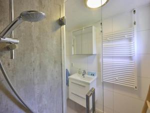 a bathroom with a shower and a sink at Chalet Sea Birds in Goedereede +30 photos