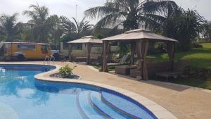 a swimming pool with umbrellas and chairs at The Halfway Cafe-Dauin, Glamp2 - Grasshopper in Dauin +17 photos