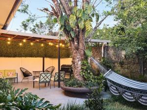 a patio with a tree and chairs and a hammock at Montefresco B&B in Monteverde Costa Rica