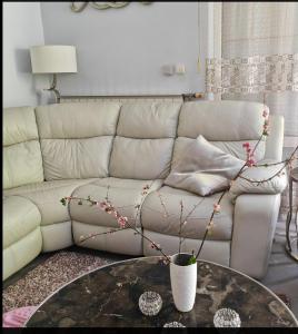a living room with a white couch and a table at Panorama Hills Villa in Budapest