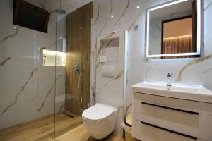 a bathroom with a toilet and a sink and a shower at Vila Reni Risi in Ksamil +176 photos