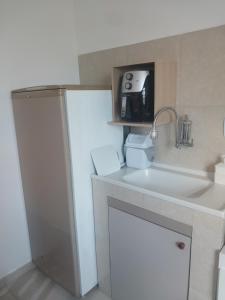 a small kitchen with a sink and a refrigerator at Microcasa loft in São Pedro da Aldeia +16 photos