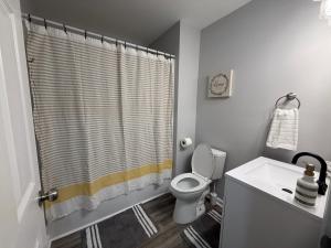 a bathroom with a toilet and a shower curtain at Cozy and Chic Burlington Retreat in Burlington