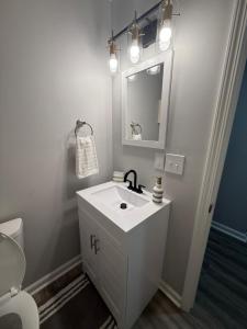 a bathroom with a sink and a mirror and a toilet at Cozy and Chic Burlington Retreat in Burlington