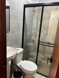 a bathroom with a toilet and a glass shower at Hotel Provenza Suites in Ocaña +17 photos