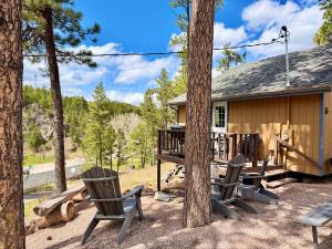 a cabin with a picnic table and chairs in the woods at Mountain View Lodge & Cabins in Hill City