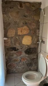 a stone bathroom with a toilet and a stone wall at Casa los Molles Hostel in Maimará +75 photos