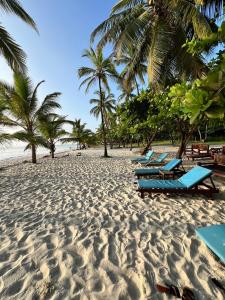 a beach with blue lounge chairs and palm trees at Wanderlust at Golden Sun in Diani Beach